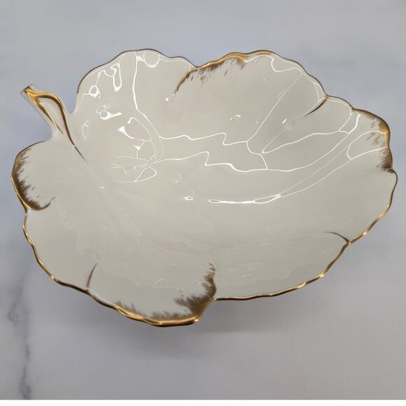 Ivory Bone China 24K gold B2001 Mikasa Leaf tray décor fall Larry Laslo Japan - Picture 1 of 6